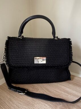 Kate SpadeBlack Tweed Top-Handle Satchel with Chain Strap